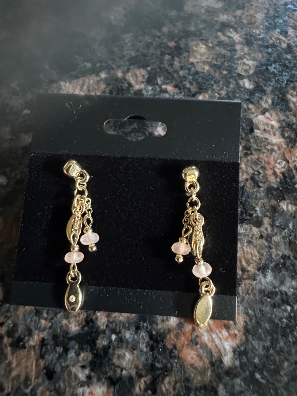 Gold Drop Earrings with Light Pink Bead Accents - Women's Jewelry